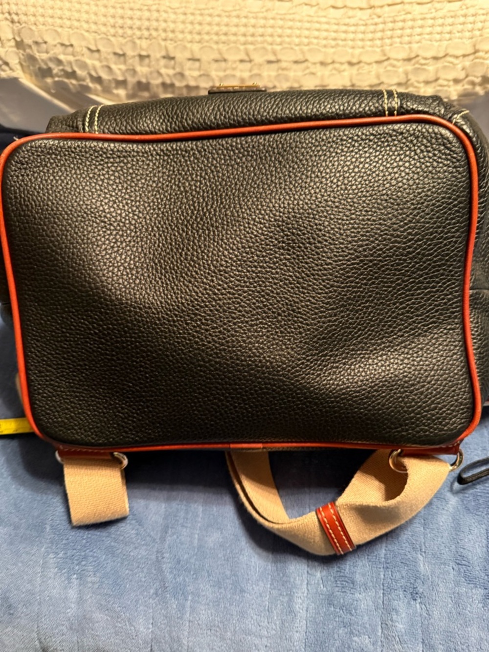 Dooney & Bourke Black Pebbled Leather Drawstring Backpack with Brown Trim - Picture 4 of 6